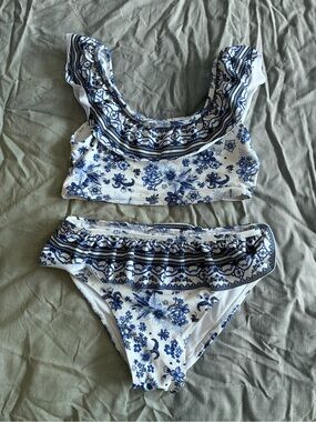 Tahari White and Blue Floral Ruffle Bikini Set
